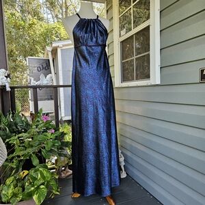 La Vie en Rose Floral Silky Satin Halter Maxi Dress Small Blue Purple Feminine